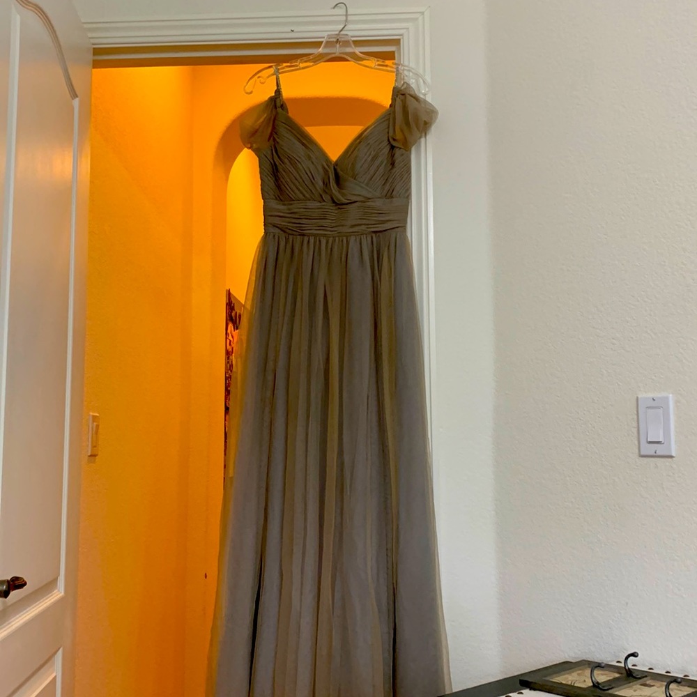 grey iridescent dress with rhinestone strapes flows nicely true waist fit
